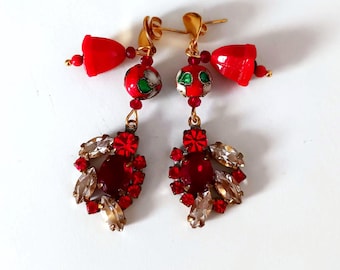 Red Earrings Vintage Czech glass, Rhinestones jewel earrings, bohemian earrings Handmade Artdéco flowers 30s floral romantic, gift Christmas