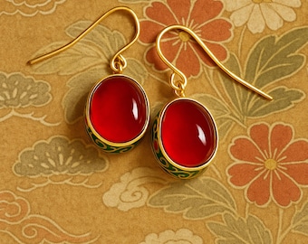 Earrings Golden plated enameled, vintage design Red Gem, Coloured enameled ethnic antique egyptian style