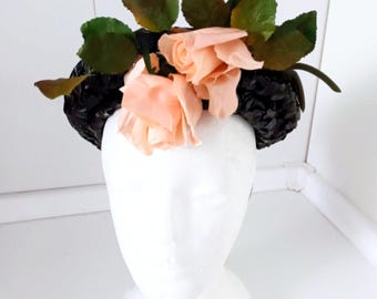 Mme. Cofé Madrid Vintage Black Straw Hat with Pink Roses — 1950s Spanish Couture, Haute couture