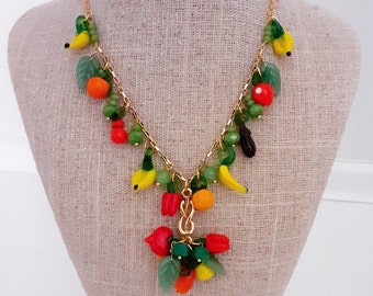 Necklace  Vintage Murano Glass Fruits beads,  handmade Gold plated chain  Tutti Frutti necklace, Carmen Miranda,