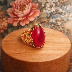 Rot & Grün Cloisonné Ring | Blumen Emaille Statement Ring | Jugendstil Schmuck Bild 3