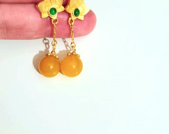 Earrings Chandelier floral, Art Nouveau design with Mustard Gem vintage design, gold plated, romantic and Bohemian style