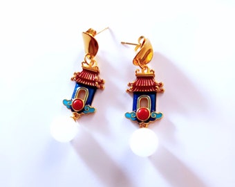 Oriental, Japanese design earrings with pagodas, enameled Japanese houses and gems, white quartz. gold-plated clasps.