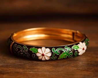 Cloisonne Vintage Bangle Enamel bracelet, Floral Design Black, bohemian style