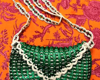 Vintage handmade crochet shoulder bag with metal rings made from cans, Green and beige from Costa Rica. Boho design