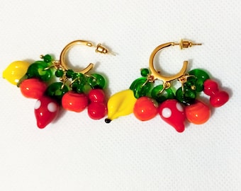 Fruits Murano glass Beads hoop Earrings, bouquet and tropical earrings vintage SummerTime