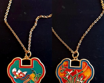 Cloisonne Enamel Necklace, Pendant Japanese floral Oriental double drawing each side has different Asian motifs 2 in one! Gold plated