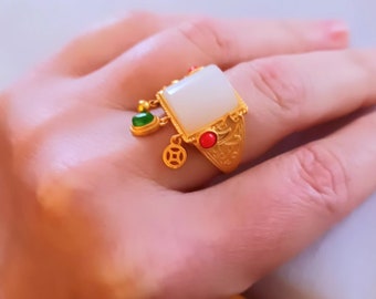 Ethnic Ring, enameled ring and Natural White gem Handmade, Vintage oriental design