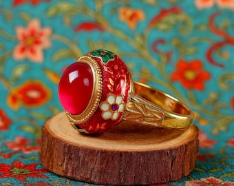 Cloisonne Golden plated Ring Red Gem, Vintage design Multi Coloured enameled ethnic antique design egyptian style ring, Ethnic design
