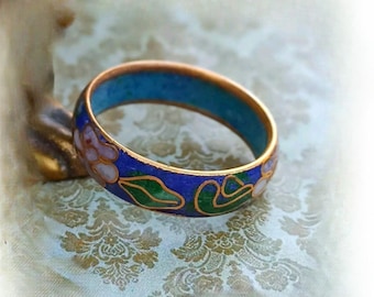 Vintage Cloisonne Ring, enameled, floral flower Cherry Blossom, in Cobalt Blue Gift Design Art Nouveau Size 8
