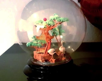 Miniature wooden and plastic, celluloid dome with oriental Japon scene in pagodas, herons. Vintage, incredible details