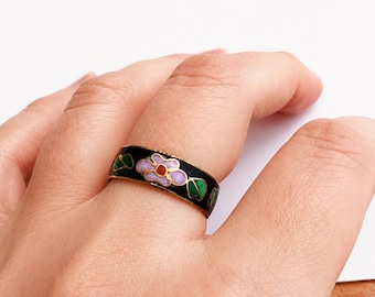 Cloisonne Ring. Vintage Emaille Blumen Schwarz, Boho Style Design Size 7