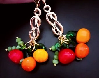 Earrings with fruits Murano charms, Tutti Frutti glass beads, Apple, oranges... chandelier earrings