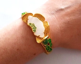 Enamel bracelet Cuff gold and green Lotus flower Design, with white natural gem. Cloisonne, Vintage style, bohemian style