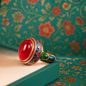 Cloisonne Vergoldet Ring Rot Vintage Bunt emaillierten ethnischen antiken Design ägyptischen Stil