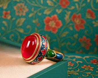 Cloisonne Golden plated Ring Red, Vintage Multi Coloured enameled ethnic antique design egyptian style