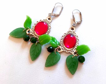 Handmade Earrings with red stone cameos with vintage glass leaves, Bohemian style, Wedding earrings, romantic Bouquet Flower earrings