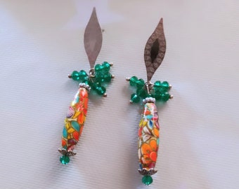 Japanese earrings with vintage floral tensha  beads romantic style, vintage earrings, bohemian style romantic flowers earrings