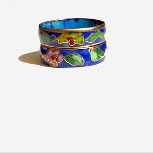 Set of 2 Cloisonné Rings. Vintage Enamel Stackable Bands. Floral Bohemian Style band Cobalt Blue Color, Free shipping Europe