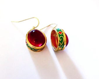 Earrings Golden plated enameled, vintage design Red Gem, Coloured enameled ethnic antique egyptian style