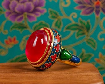 Cloisonne Golden plated Ring Red Gem, Vintage design Multi Coloured enameled ethnic antique design egyptian style ring