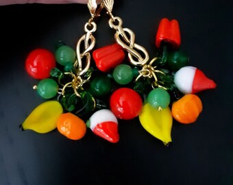 Earrings with Murano fruits glass charms, Tutti Frutti glass beads. Chandelier tropical style