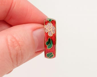 Vintage Cloisonne Ring, enameled, floral flower Cherry Blossom In Color Red Design Art Nouveau Size 9