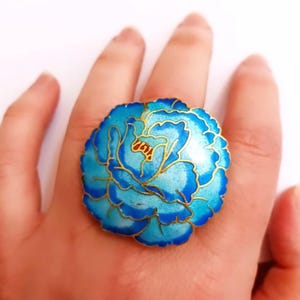 Cloisonne Ring, enameled, floral flower, Blue, turquoise flower statement ringGift For Christmas.