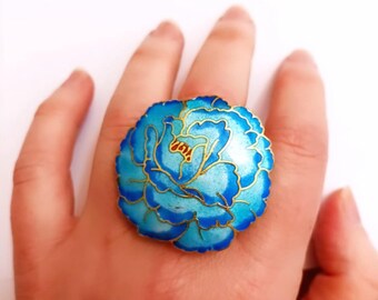 Cloisonne Ring, enameled, floral flower, Blue, turquoise flower statement ringGift For Christmas.