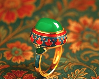 Cloisonne Enamel Gold Ring Green | Handcrafted Oriental Design | Elegant Vintage Inspired Jewelry