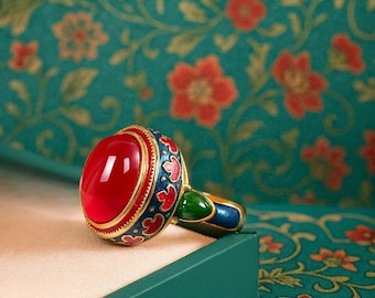 Cloisonne Red Statement Ring | Oriental Vintage Style Jewelry | Gold Plated Adjustable Bestseller Gift for Her