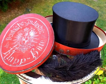 Antique Collapsible Top Hat c.1900 with Art Nouveau Hatbox – Exposition Universelle Paris, Size 58