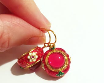 Earrings Golden plated enameled, vintage design Red Gem, Coloured enameled ethnic antique egyptian style