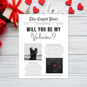 Puede incluir: Una tarjeta de San Valentín imprimible con un diseño de periódico. El titular dice "Will You Be My Valentine?" con una foto en blanco y negro de una pareja abrazándose. El texto debajo de la foto describe el significado del amor y las rosas.