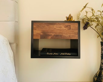 Floating Wall Shelf Black, Black Floating Shelf, Wall Mounted Bedside Table, Minimalist Floating Wall Shelf, Floating Nightstand Shelf, Wood