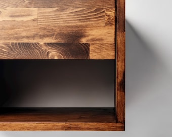 Walnut, Wooden Floating Nightstand, Wall Mounted Nightstand with Drawer, Bedside Shelf, Nightstand for Bedroom, Handmade Floating Shelf