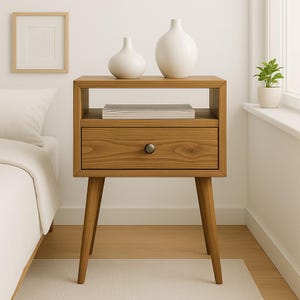 Nightstand, Scandinavian Solid Wood Bedside Table with Storage, Wood Side Table for Bedroom, Wood Nightstand, Nightstand with Drawer, Wood