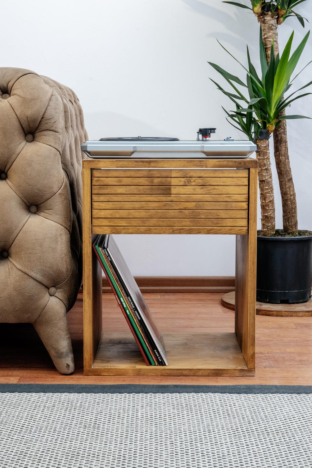 Mid-century Modern Wooden Record Player Stand, Handcrafted Vinyl Record ...