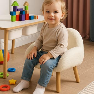 Kids Table & Chair Set, Wooden Toddler Table, Pink Pouf Seat, Kids Armchair, Montessori Furniture, Soft Playroom Seating, Handmade