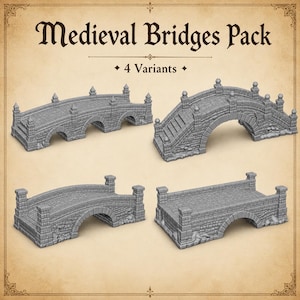 Pode incluir: Um conjunto de quatro pontes de pedra em miniatura cinzentas rotuladas como Medieval Bridges Pack with 4 Variants. Cada ponte apresenta texturas de alvenaria detalhadas, vãos em arco e corrimões de pedra com postes decorativos.