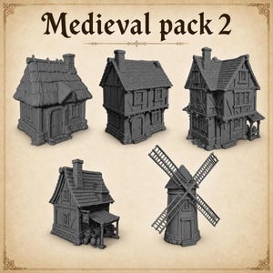 28mm Medieval STL Terrain Bundle, Village Houses Set, Thatched Cottage, Timber Frame, Windmill Model