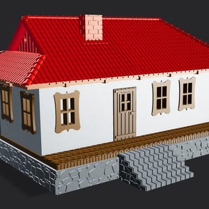 May include: A miniature white house with a bright red roof, wooden door and window frames. The house has a brick chimney and a stone foundation. The house has a small porch and steps leading up to the front door.