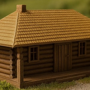 Puede incluir: Una cabaña de madera en miniatura con un exterior de estilo cabaña de troncos marrón, un tejado de tejas marrón claro y una pequeña chimenea. La cabaña tiene dos ventanas y una puerta de madera. El porche tiene postes de madera decorativos.