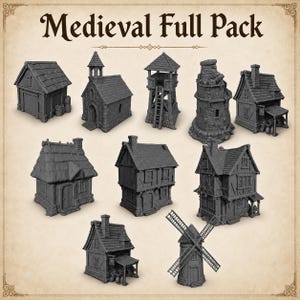 May include: A collection of nine miniature gray plastic buildings labeled Medieval Full Pack, including a barn, church, watchtower, stone tower, tavern, thatched cottage, two-story house, multi-story building, and a windmill with blades.