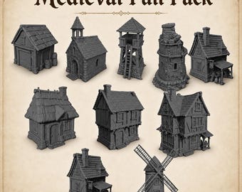 Pack medieval completo – 28 mm / 1:56 Paquete de terreno imprimible en formato STL / 10 edificios medievales, iglesia, torres, casas y molino de viento.