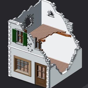 Peut inclure: Modèle architectural 3D d'une maison avec une section coupée pour révéler l'intérieur. L'extérieur est blanc avec des bordures marron, des volets verts et une porte marron. Le toit est partiellement intact, montrant des poutres en bois.