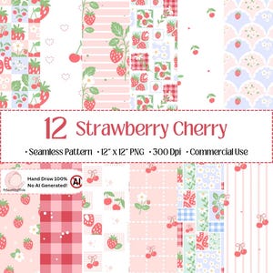 Puede incluir: Una colección digital de 12 patrones sin costuras con motivos de fresas y cerezas en tonos rojo, rosa, blanco y azul claro. Los diseños incluyen cuadros vichy, rayas y elementos florales con el texto 12 Strawberry Cherry.