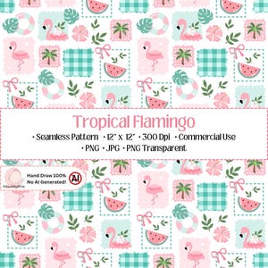 Può includere: Un motivo senza cuciture con fenicotteri rosa, fette di anguria, quadrati vichy color verde acqua, palme, fiori di ibisco e fiocchi su sfondo bianco. Il testo recita Tropical Flamingo, Seamless Pattern, 30,48 cm x 30,48 cm, 300 Dpi, Commercial Use, PNG, JPG, PNG Transparent.