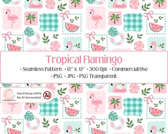 Flamingo Seamless Pattern, Tropical Digital Paper, Summer Floral Scrapbook Paper, Patchwork Background | Commercial Use