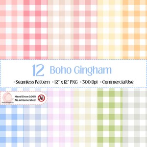 Pode incluir: Uma coleção digital de 12 padrões xadrez vichy sem costura em várias cores pastel, incluindo rosa, amarelo, laranja, azul, roxo, verde e cinza. A imagem inclui o texto 12 Boho Gingham, Seamless Pattern, 12" x 12" PNG, 300 Dpi, Commercial Use, Hand Draw 100% No AI Generated.